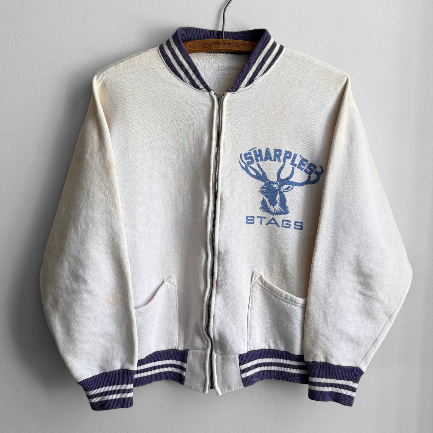 1960s Sharples Stags White Zip Up Sweatshirt