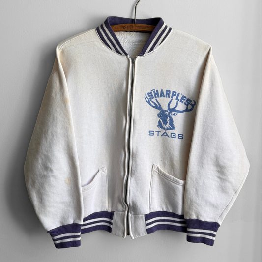 1960s Sharples Stags White Zip Up Sweatshirt