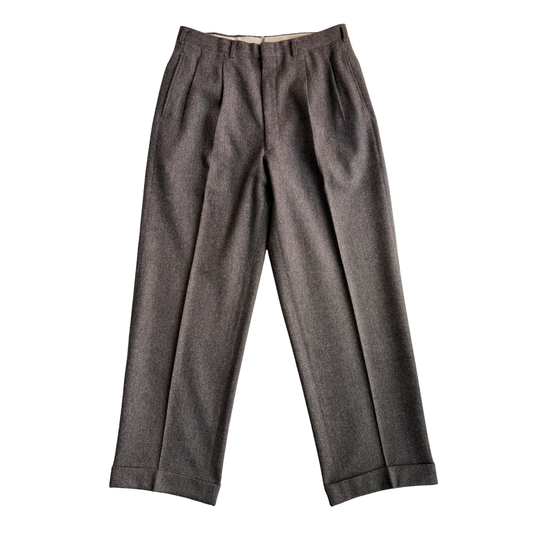 1950s Brown & Grey Twill Wool Pleated Dress Pants (32)