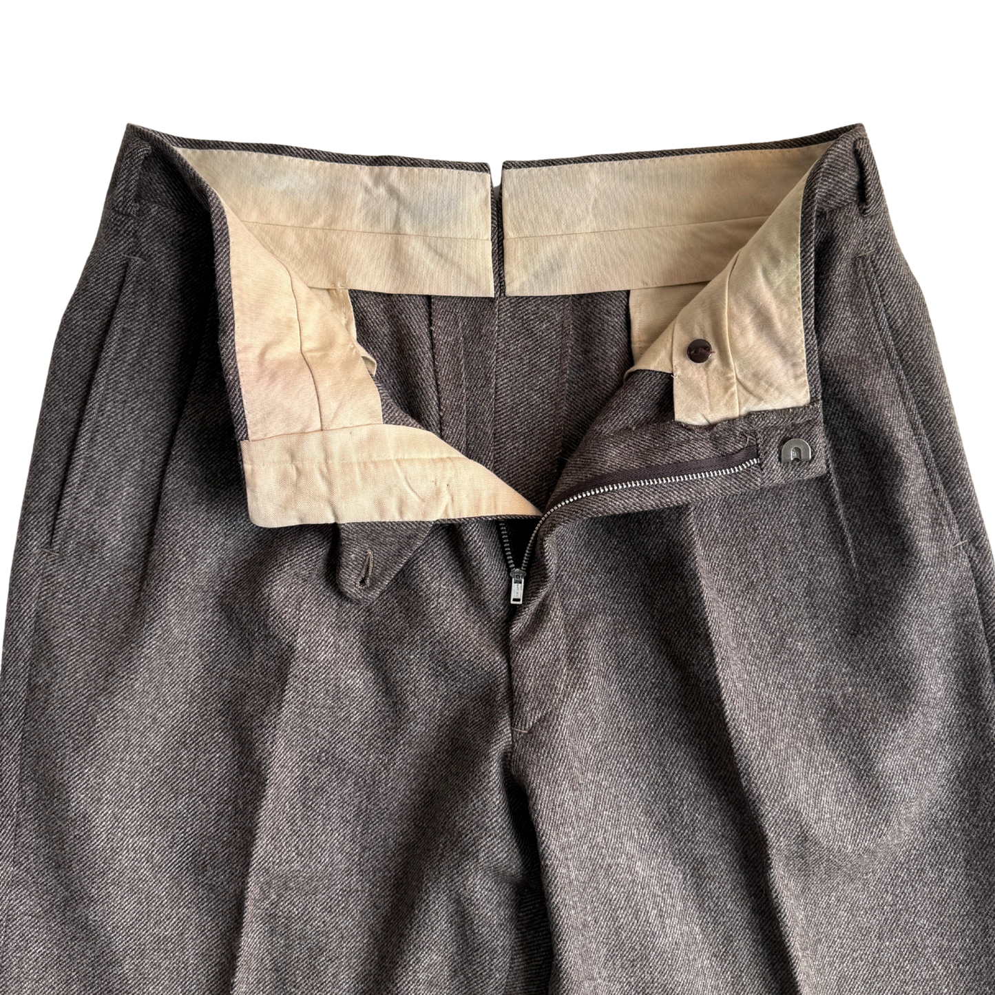 1950s Brown & Grey Twill Wool Pleated Dress Pants (32)