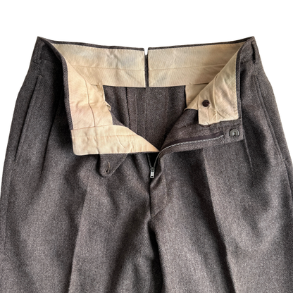 1950s Brown & Grey Twill Wool Pleated Dress Pants (32)