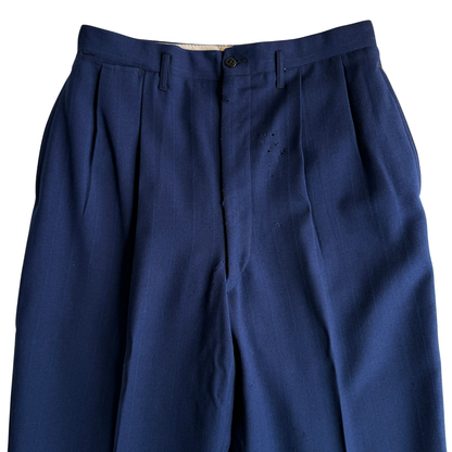 1940s Dark Blue Striped Wool Pleated Dress Pants (30)