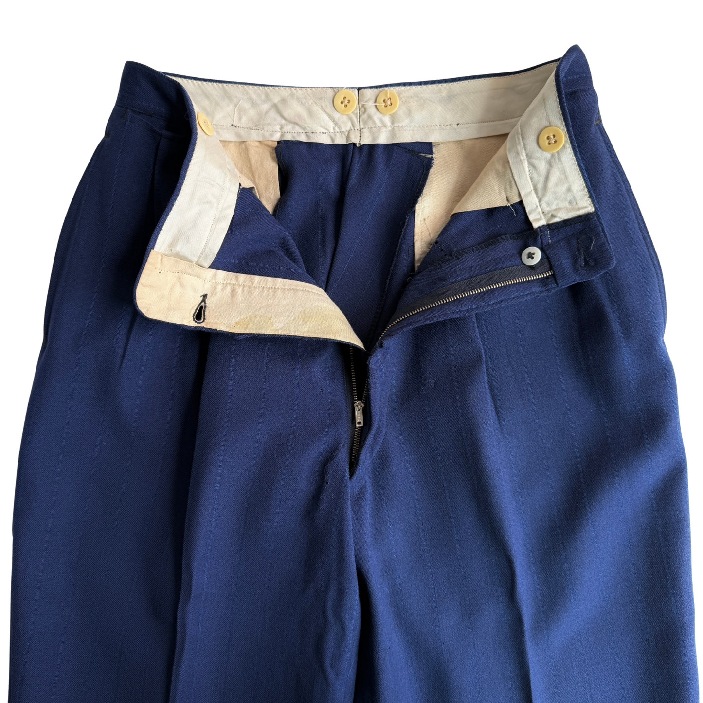 1940s Dark Blue Striped Wool Pleated Dress Pants (30)