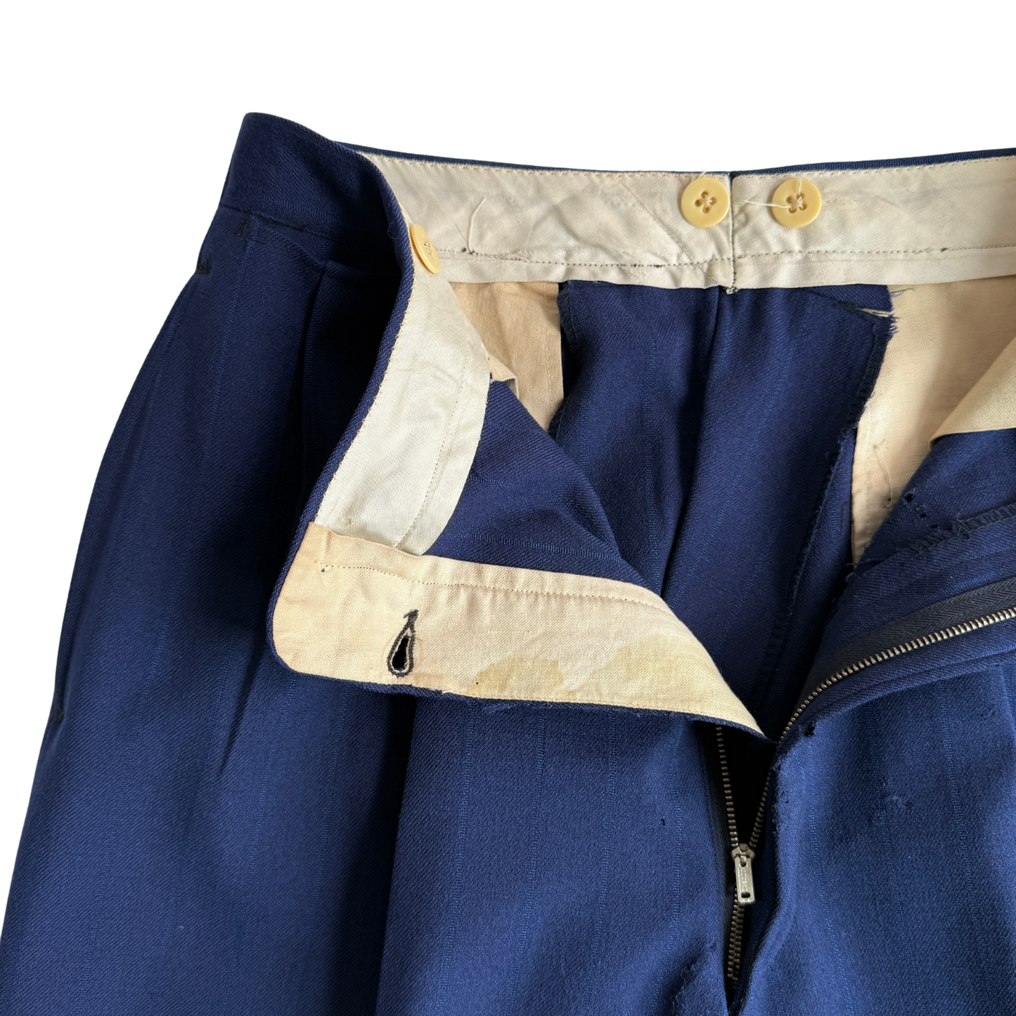 1940s Dark Blue Striped Wool Pleated Dress Pants (30)