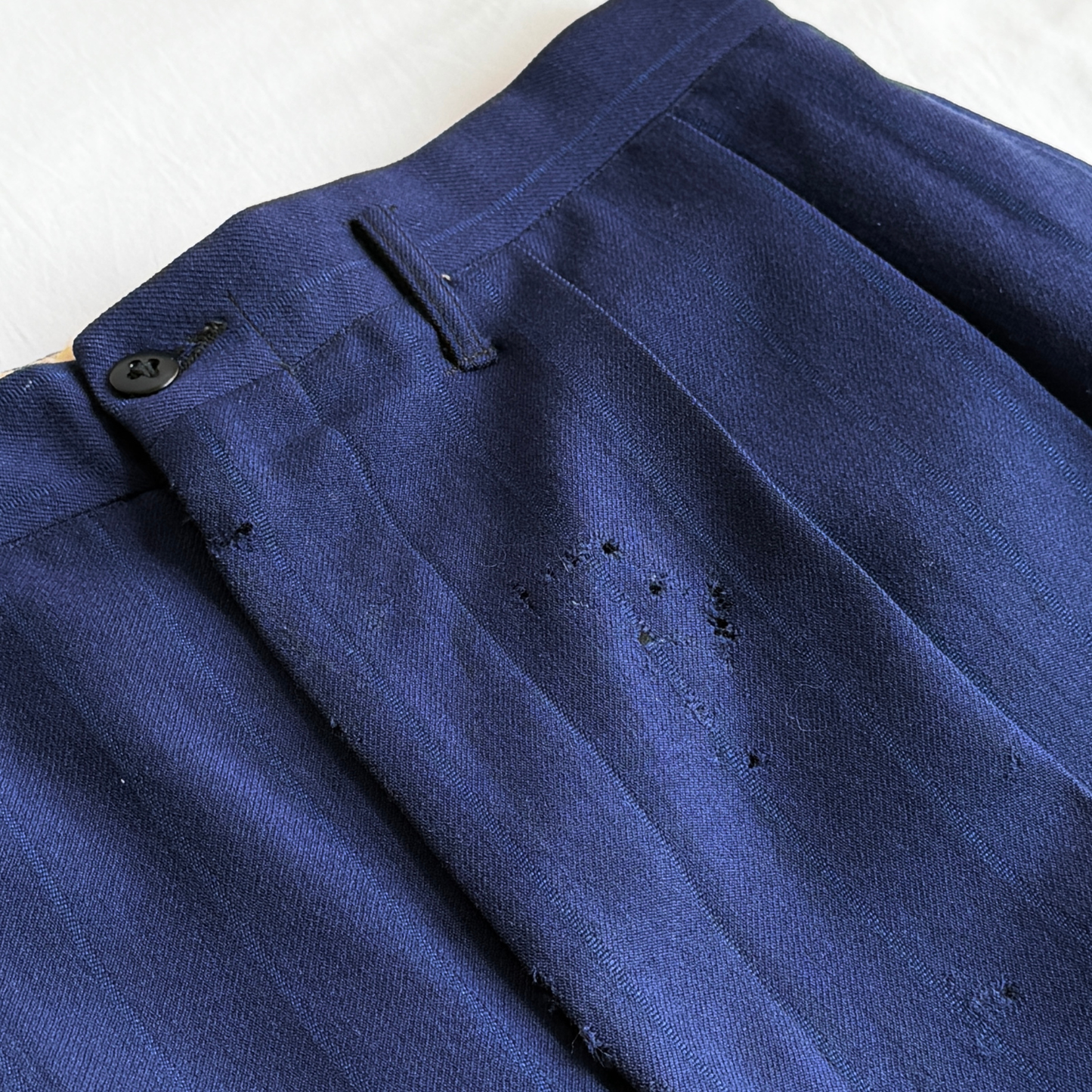 1940s Dark Blue Striped Wool Pleated Dress Pants (30)