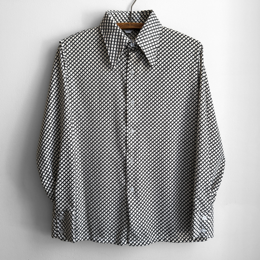 1970s White Geometric Print Sport Shirt