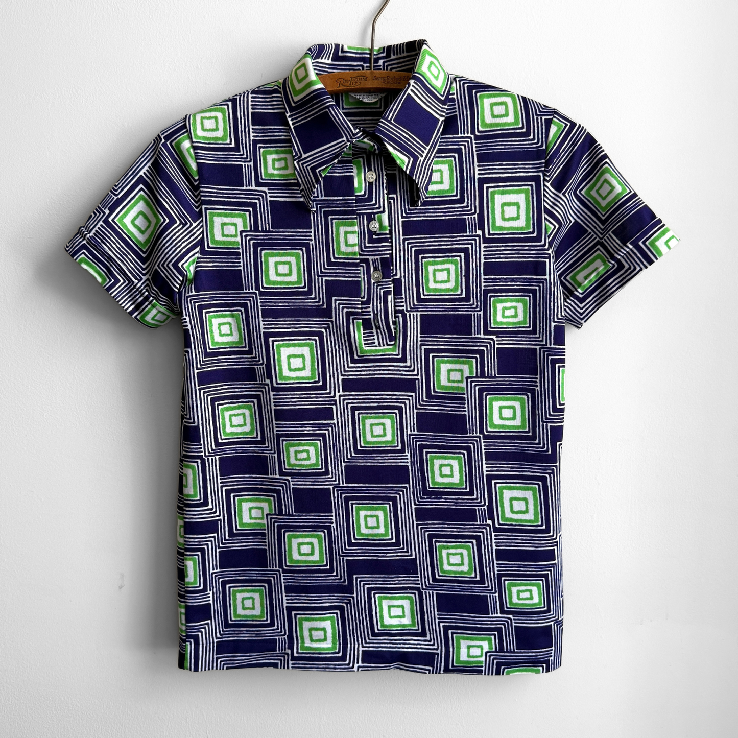 1970s Blue & Green Square Print Polo Shirt