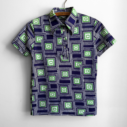 1970s Blue & Green Square Print Polo Shirt
