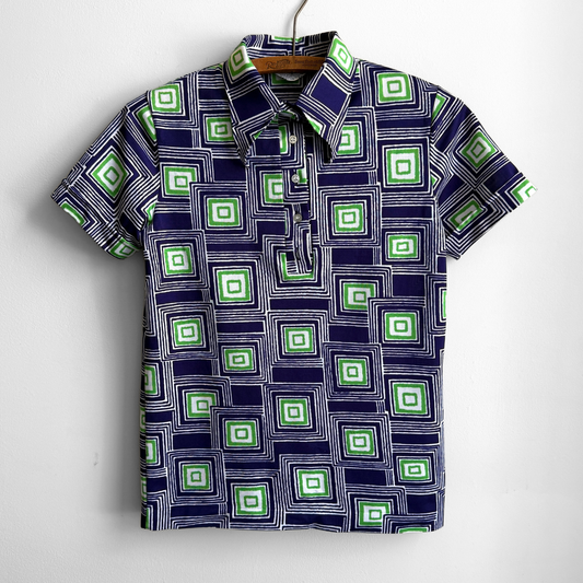 1970s Blue & Green Square Print Polo Shirt