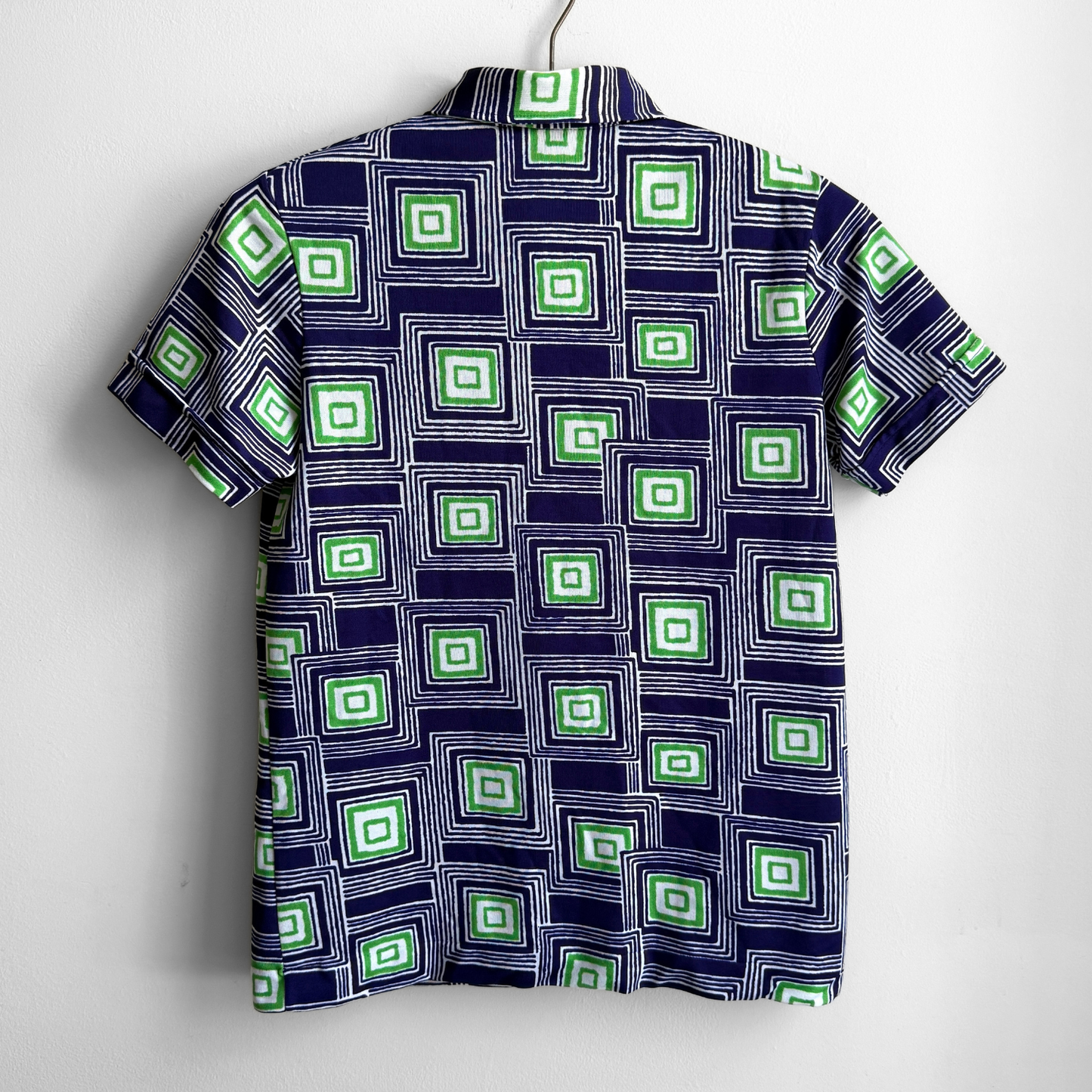 1970s Blue & Green Square Print Polo Shirt