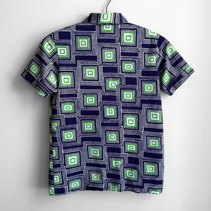 1970s Blue & Green Square Print Polo Shirt