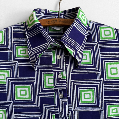 1970s Blue & Green Square Print Polo Shirt
