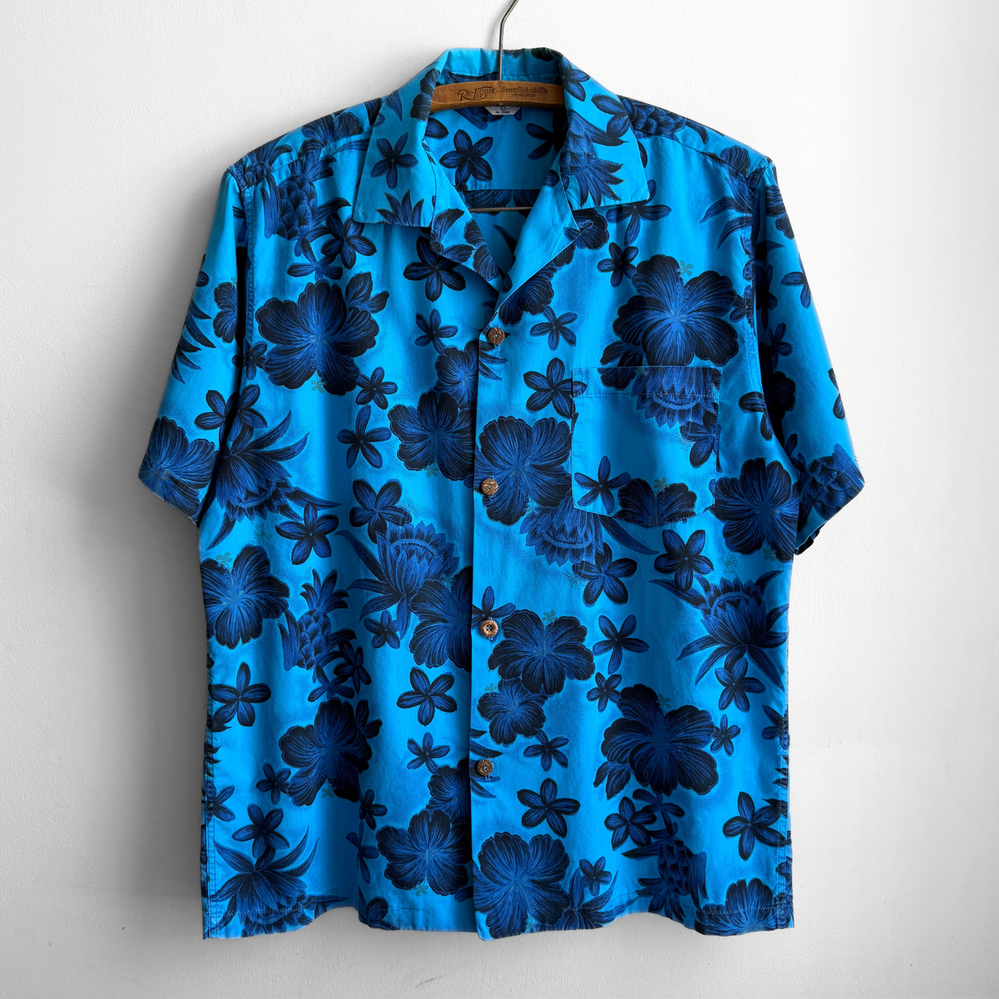 1960s Blue Hibiscus Floral Print Hawaiian Shirt
