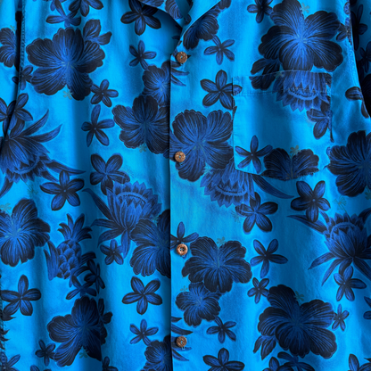 1960s Blue Hibiscus Floral Print Hawaiian Shirt