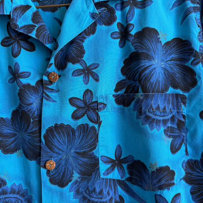 1960s Blue Hibiscus Floral Print Hawaiian Shirt