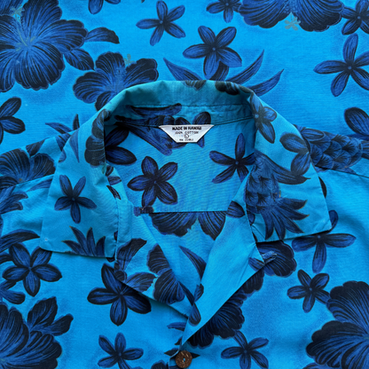 1960s Blue Hibiscus Floral Print Hawaiian Shirt