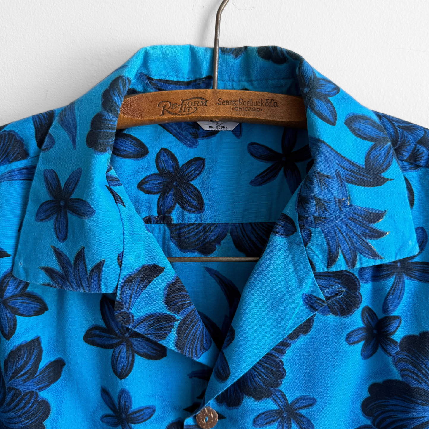1960s Blue Hibiscus Floral Print Hawaiian Shirt