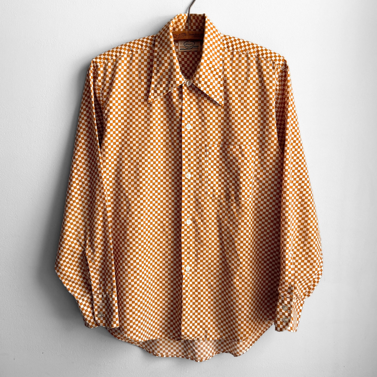 1970s Orange Checkered Print Dress Shirt