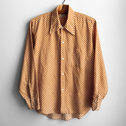 1970s Orange Checkered Print Dress Shirt