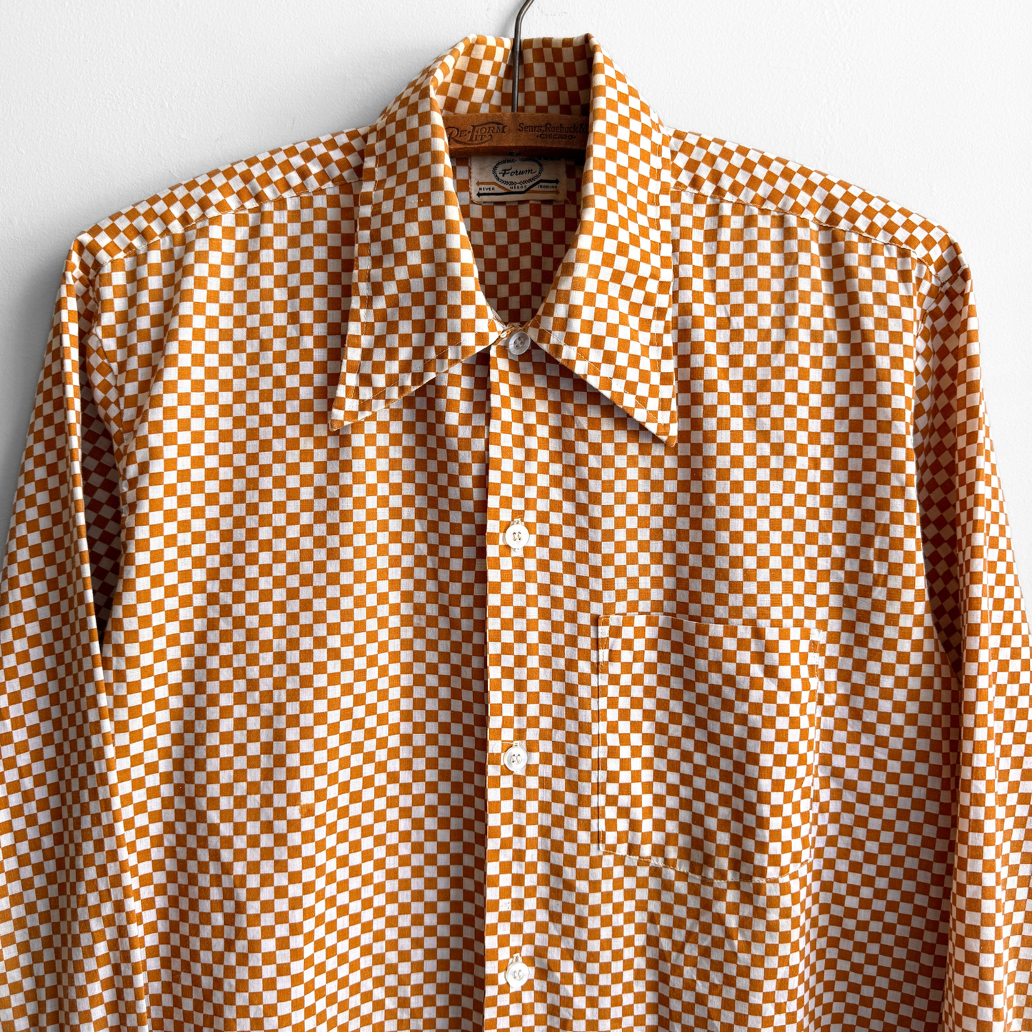 1970s Orange Checkered Print Dress Shirt