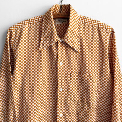 1970s Orange Checkered Print Dress Shirt