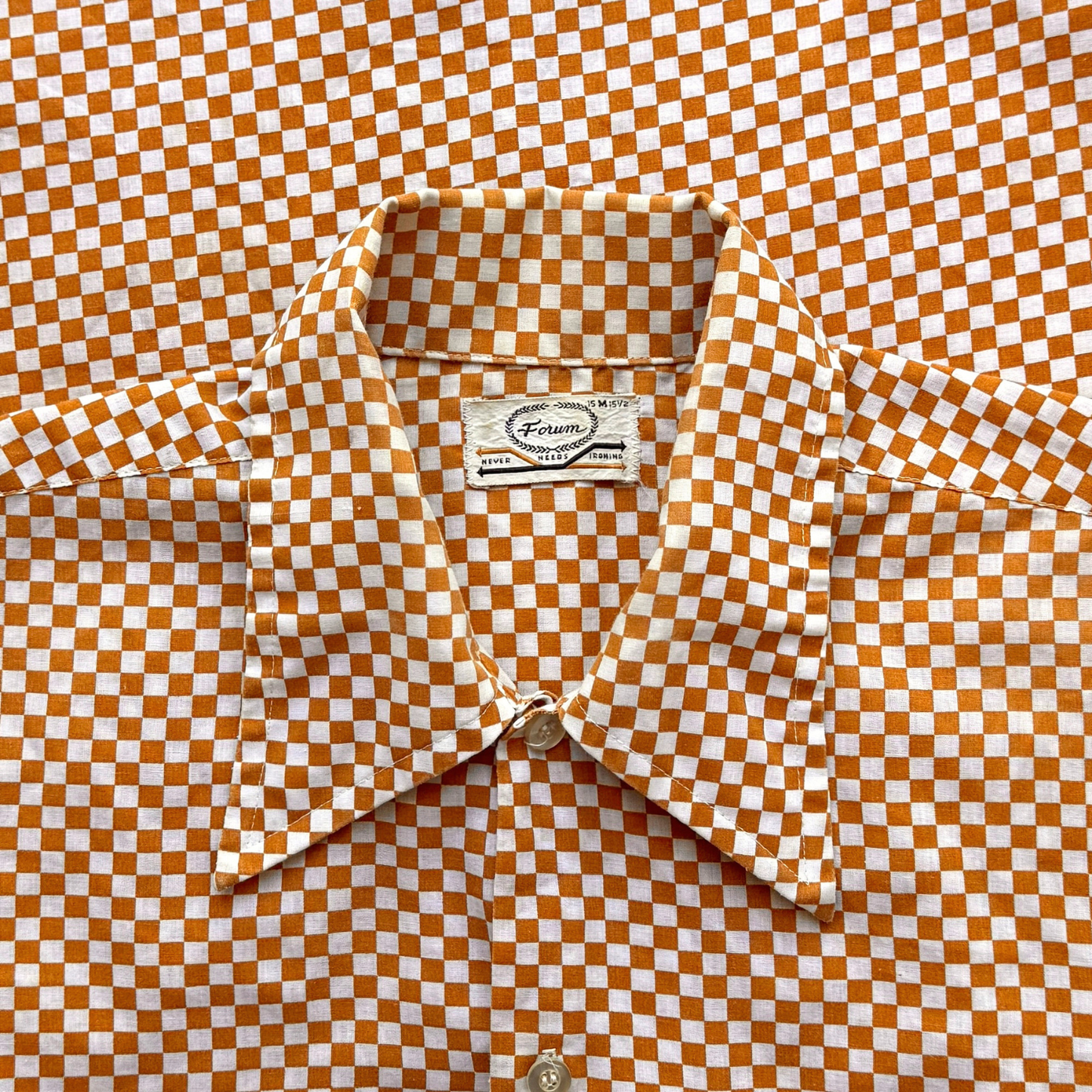 1970s Orange Checkered Print Dress Shirt