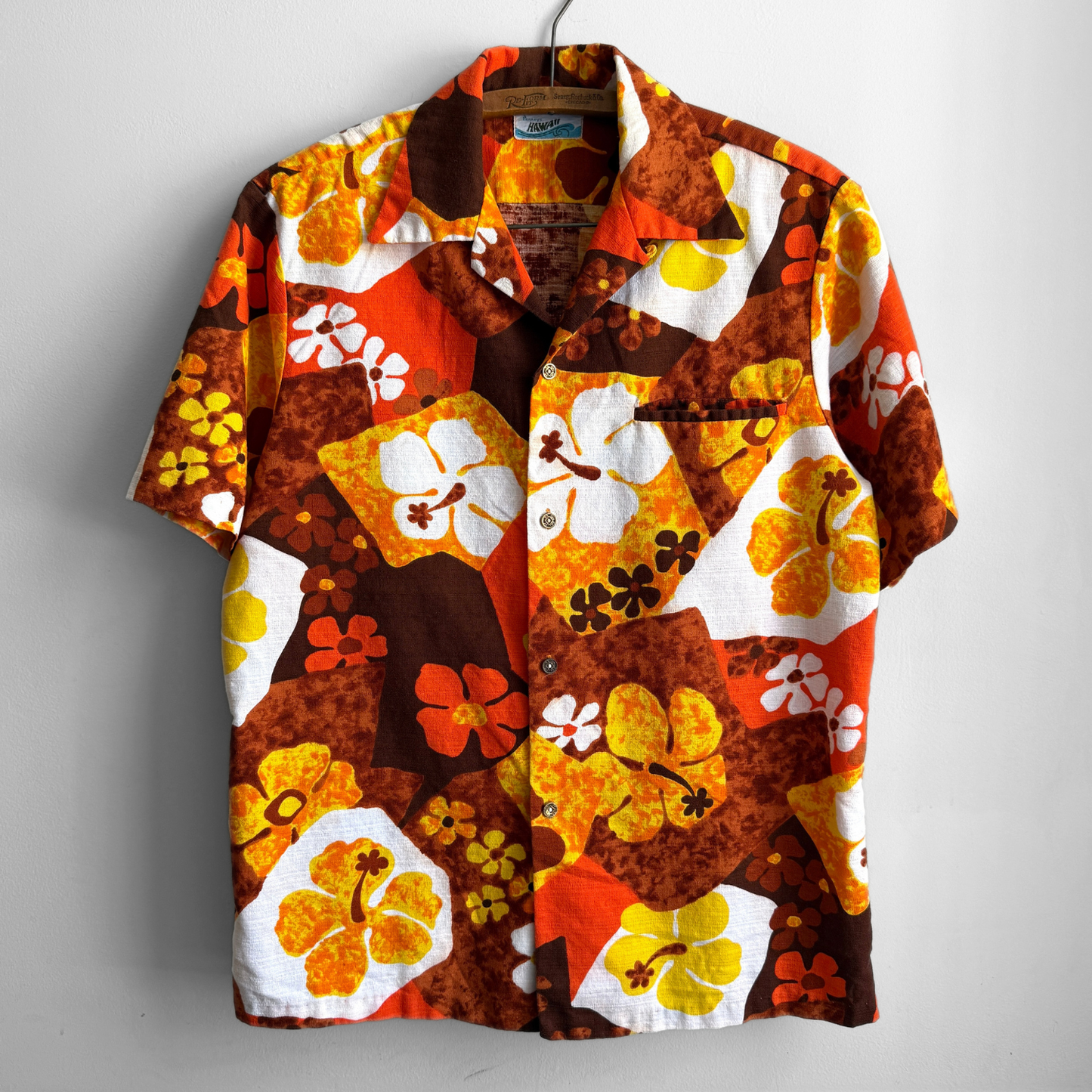 1960s Orange Hibiscus Floral Barkcloth Hawaiian Shirt