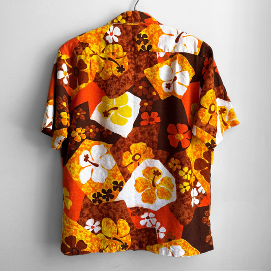 1960s Orange Hibiscus Floral Barkcloth Hawaiian Shirt