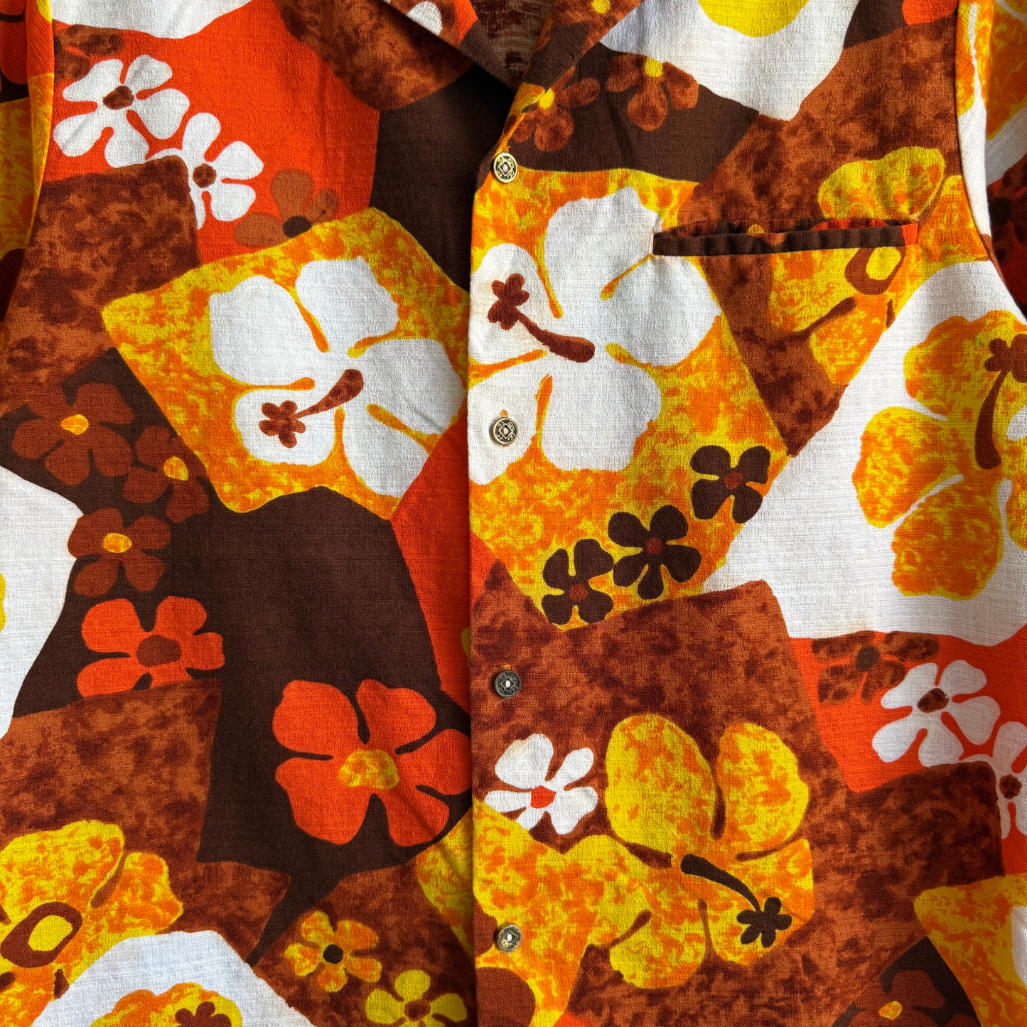 1960s Orange Hibiscus Floral Barkcloth Hawaiian Shirt