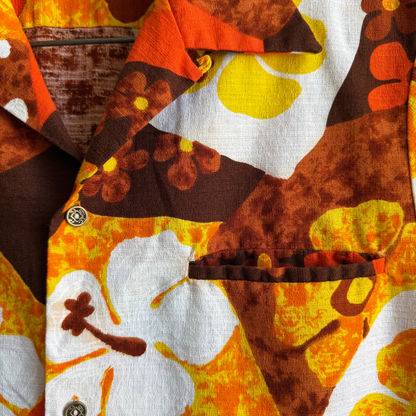 1960s Orange Hibiscus Floral Barkcloth Hawaiian Shirt