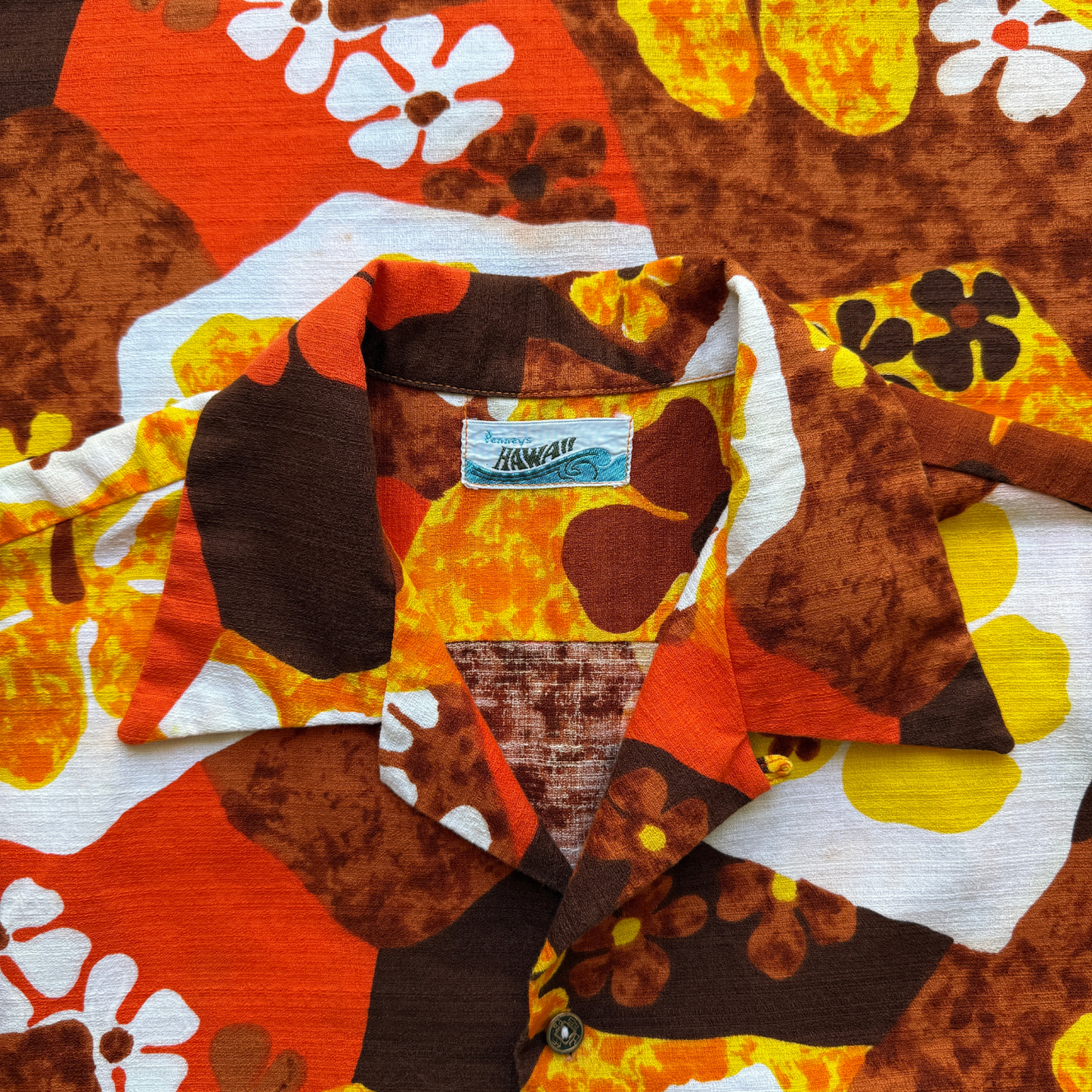 1960s Orange Hibiscus Floral Barkcloth Hawaiian Shirt