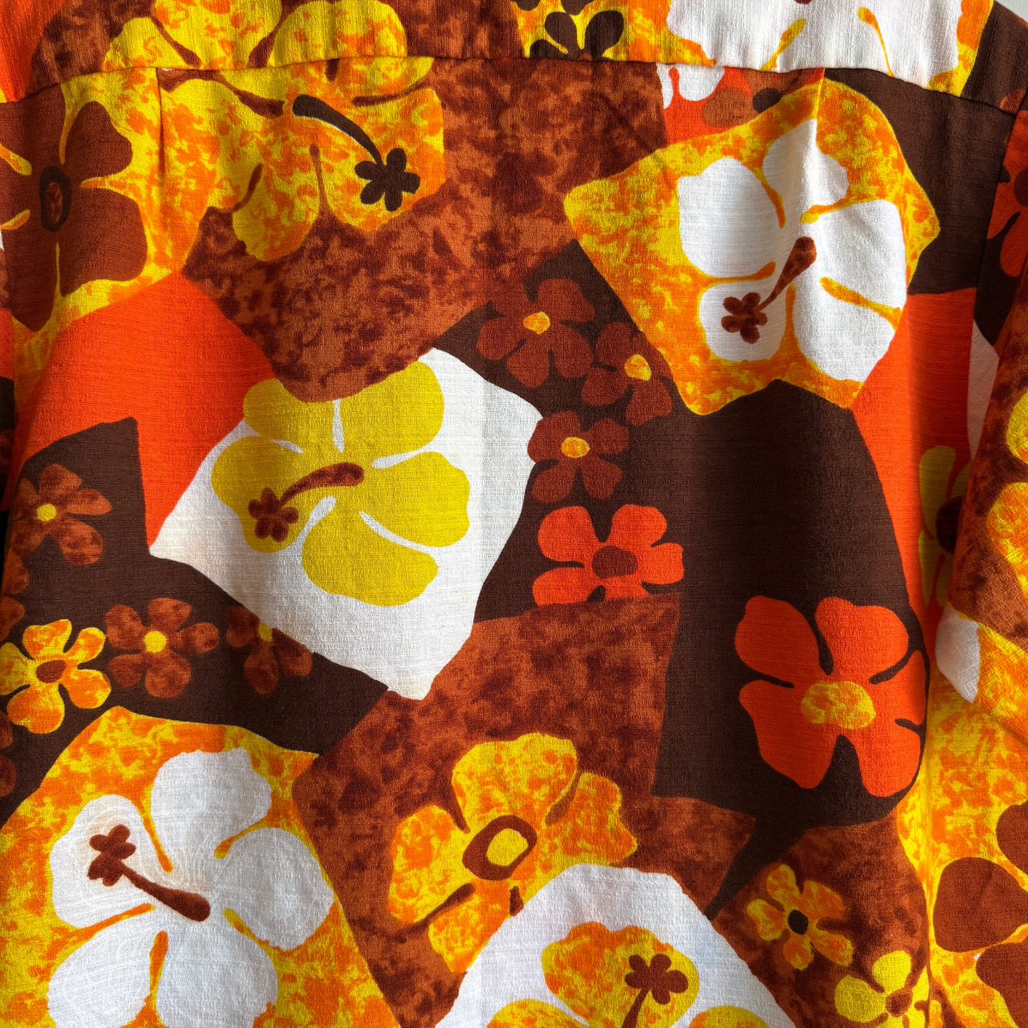 1960s Orange Hibiscus Floral Barkcloth Hawaiian Shirt