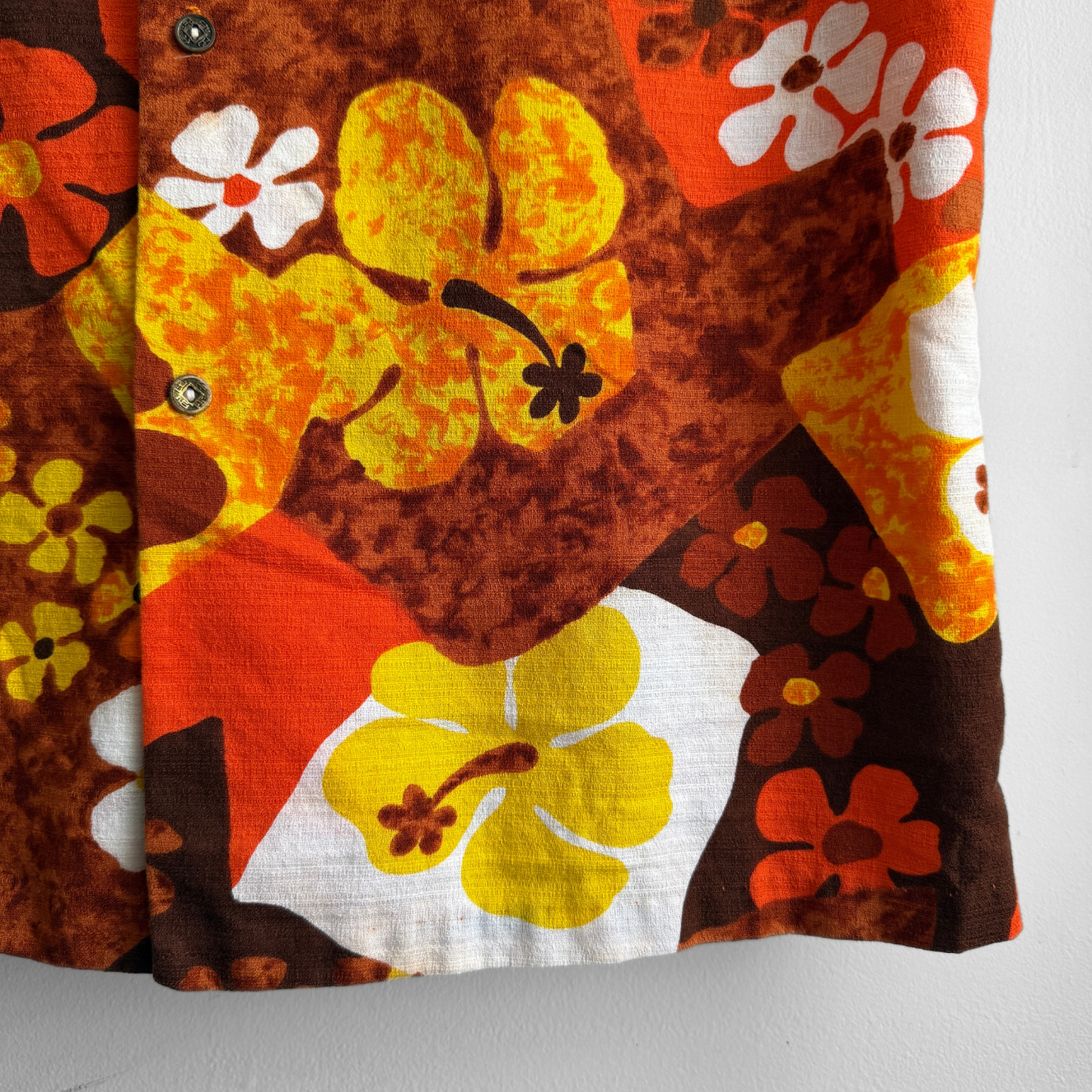 1960s Orange Hibiscus Floral Barkcloth Hawaiian Shirt