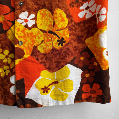 1960s Orange Hibiscus Floral Barkcloth Hawaiian Shirt