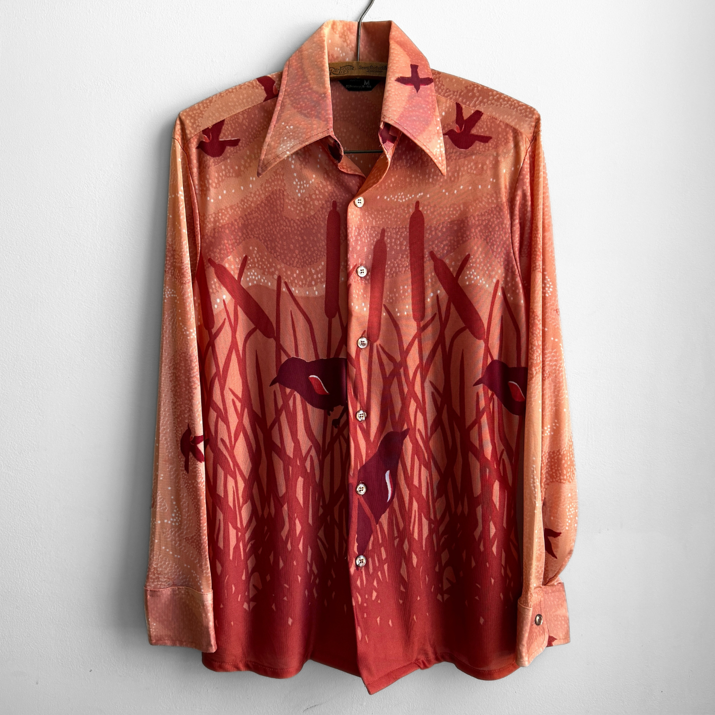 1970s Dark Orange Scenic Birds Sport Shirt