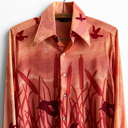 1970s Dark Orange Scenic Birds Sport Shirt