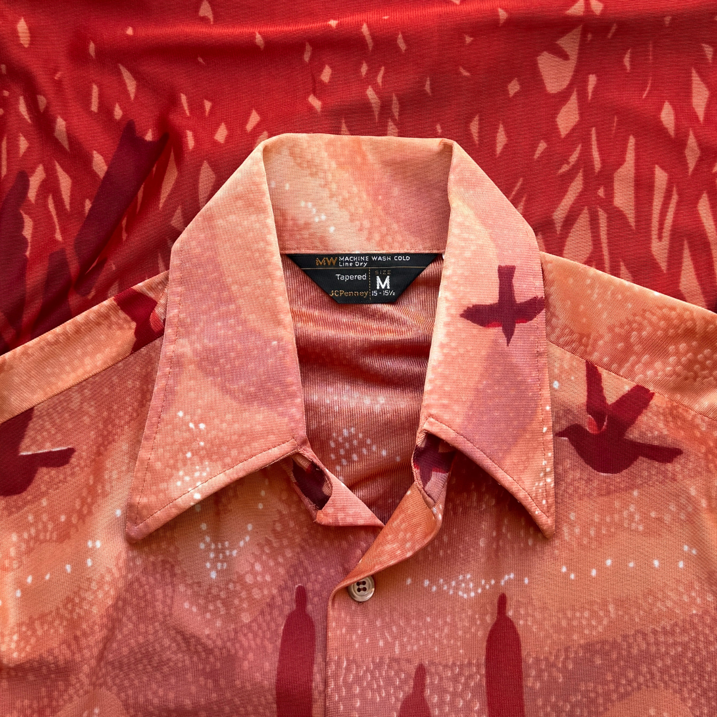 1970s Dark Orange Scenic Birds Sport Shirt