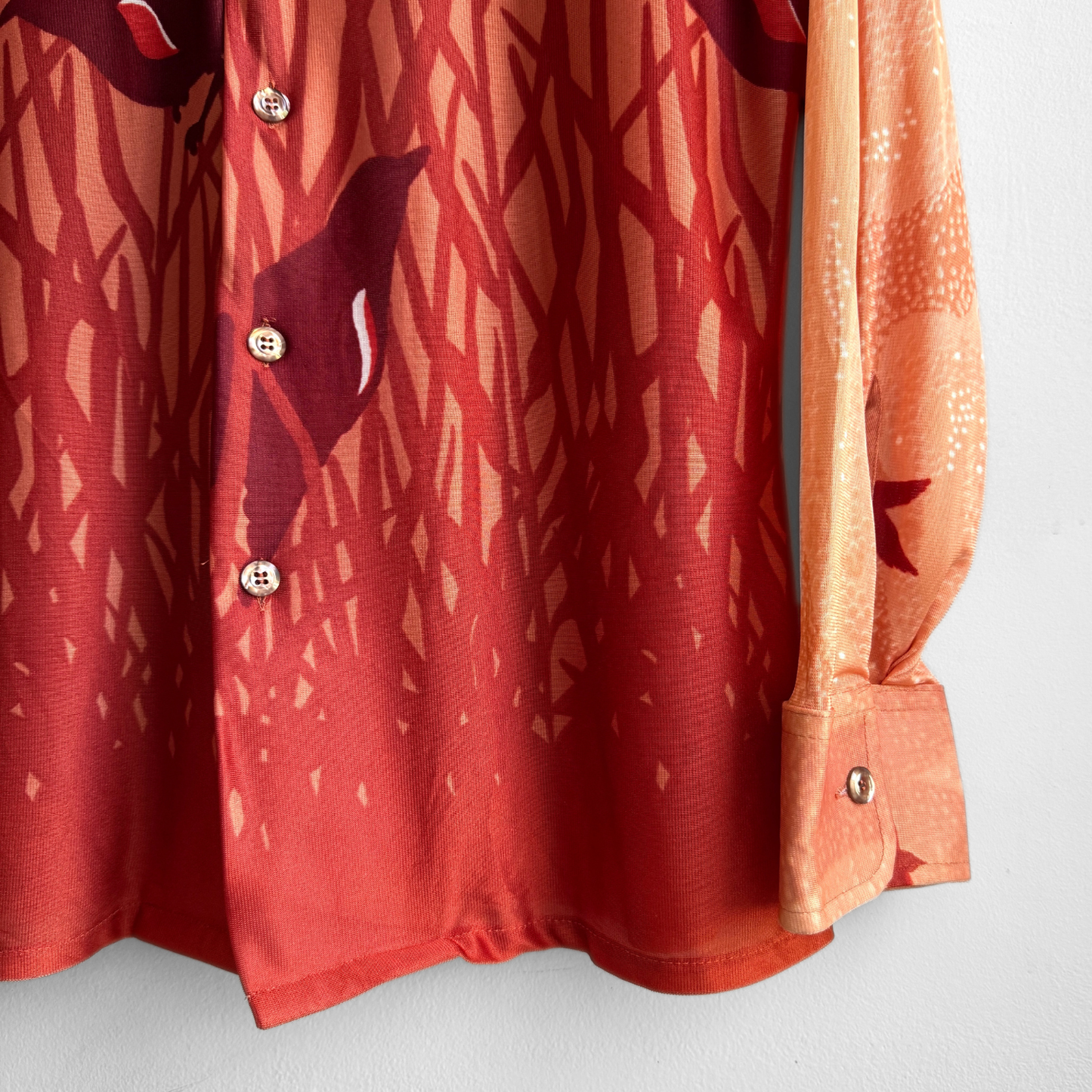 1970s Dark Orange Scenic Birds Sport Shirt