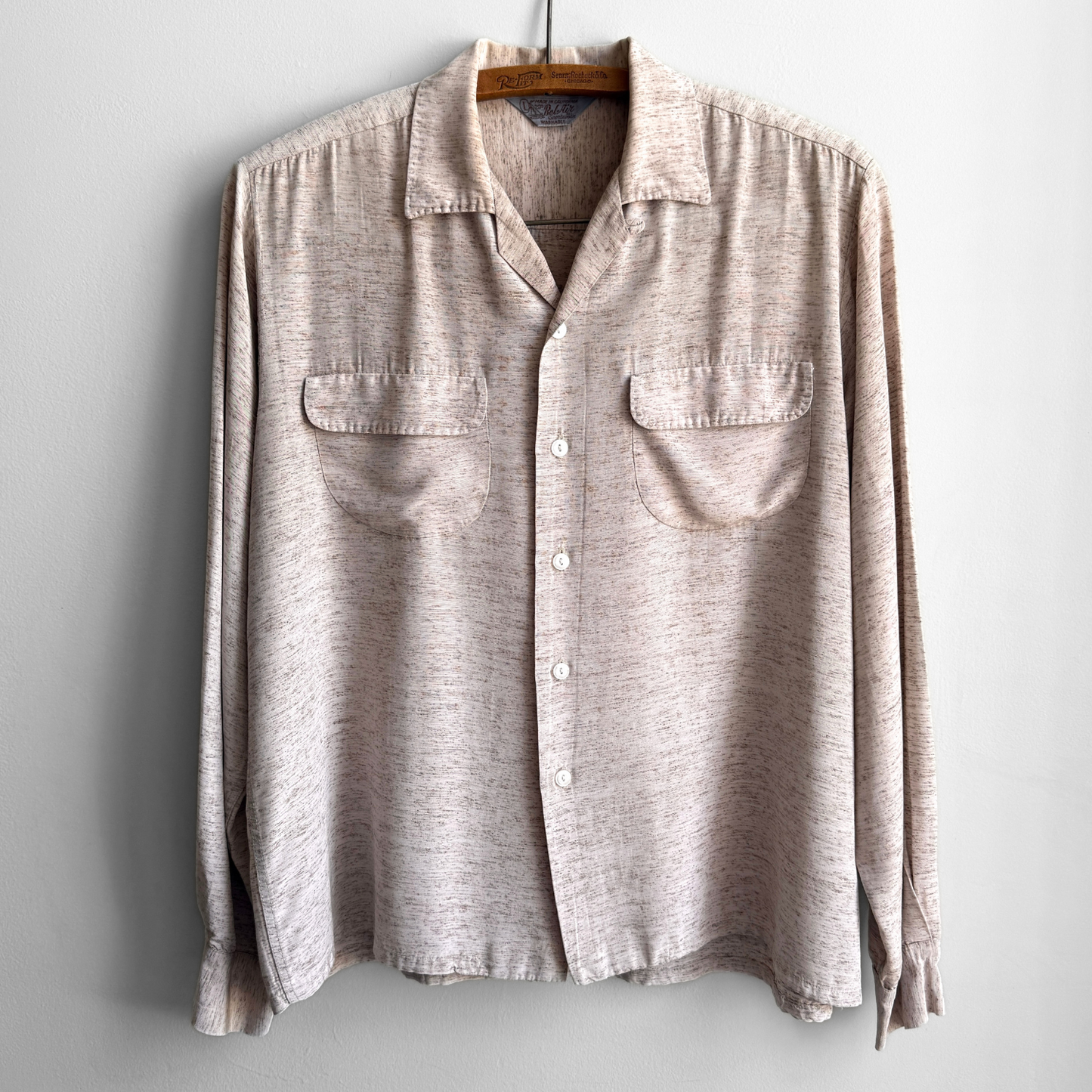 1950s Beige Sharkskin Flecked Rayon Sport Shirt