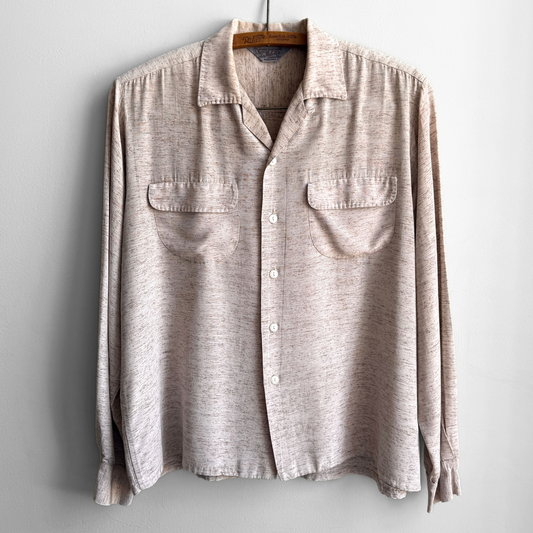 1950s Beige Sharkskin Flecked Rayon Sport Shirt