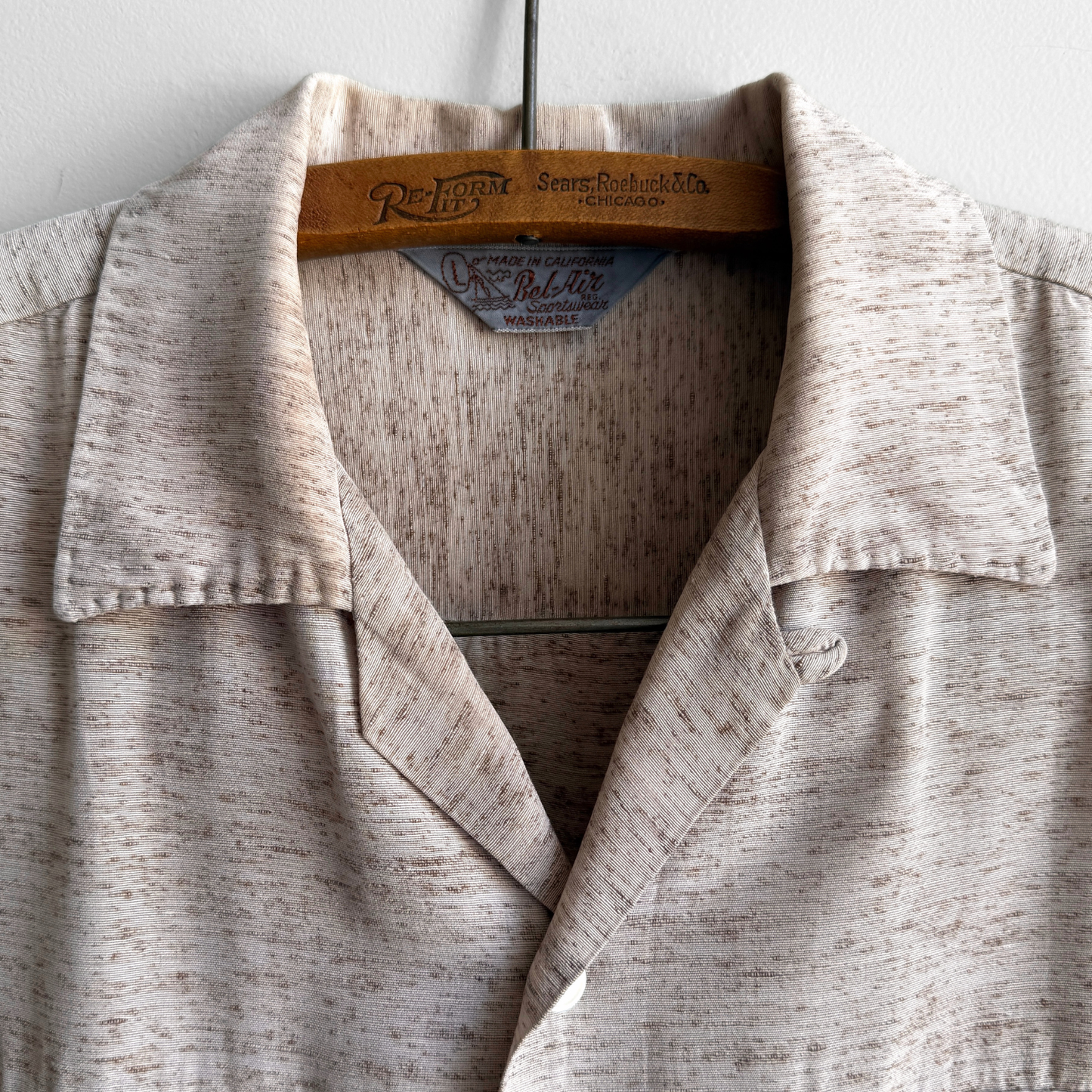 1950s Beige Sharkskin Flecked Rayon Sport Shirt