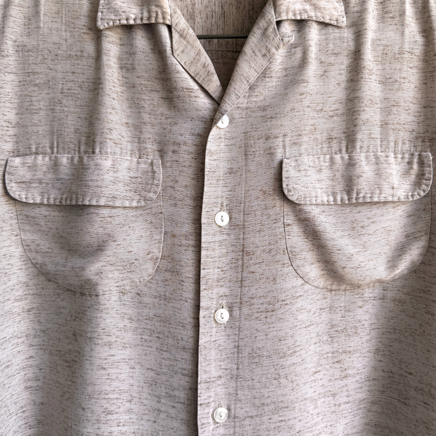 1950s Beige Sharkskin Flecked Rayon Sport Shirt