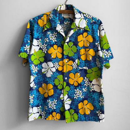1960s Blue Hibiscus Floral Barkcloth Hawaiian Shirt