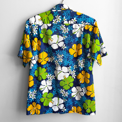 1960s Blue Hibiscus Floral Barkcloth Hawaiian Shirt