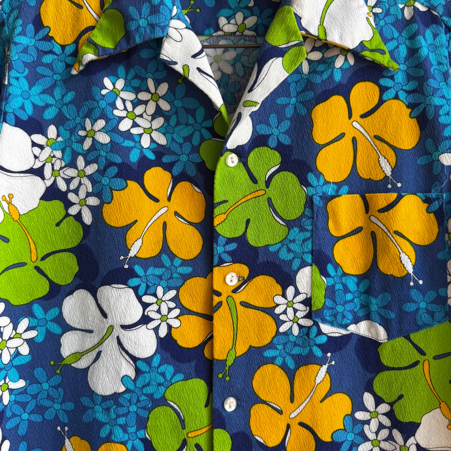 1960s Blue Hibiscus Floral Barkcloth Hawaiian Shirt