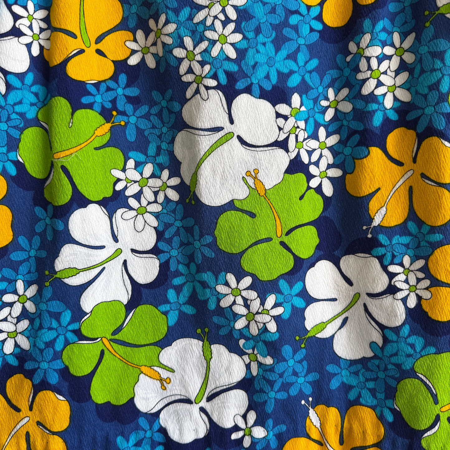 1960s Blue Hibiscus Floral Barkcloth Hawaiian Shirt