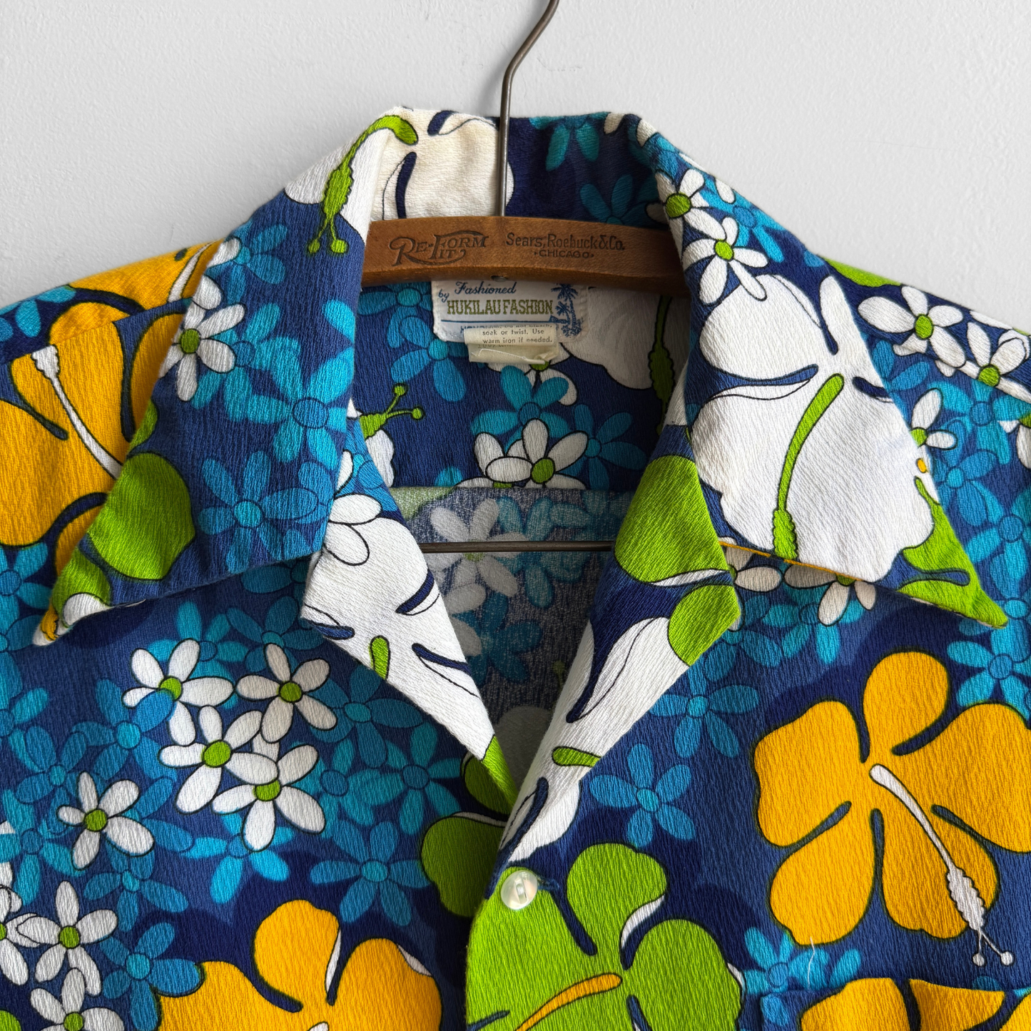 1960s Blue Hibiscus Floral Barkcloth Hawaiian Shirt