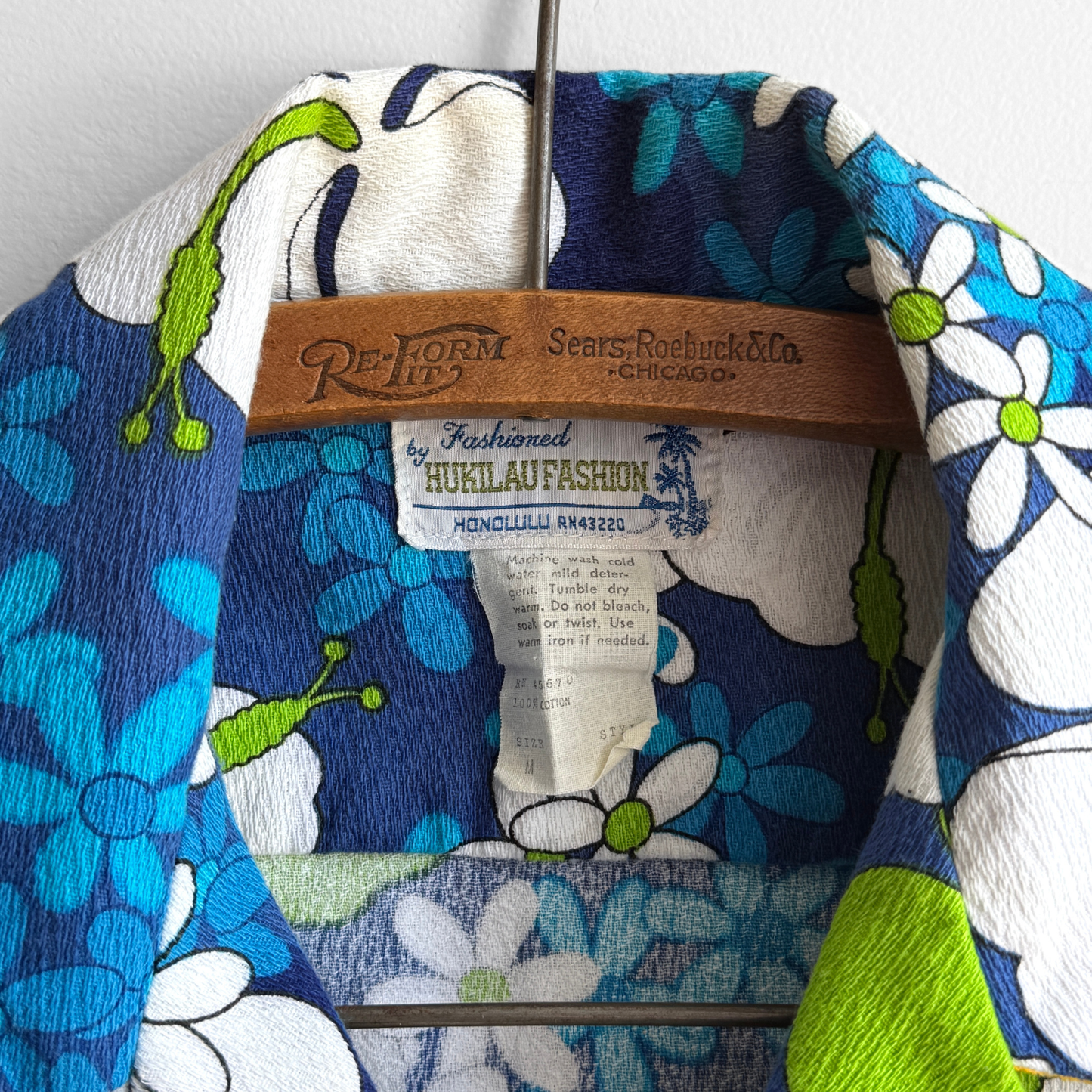 1960s Blue Hibiscus Floral Barkcloth Hawaiian Shirt