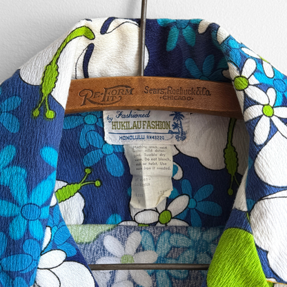 1960s Blue Hibiscus Floral Barkcloth Hawaiian Shirt