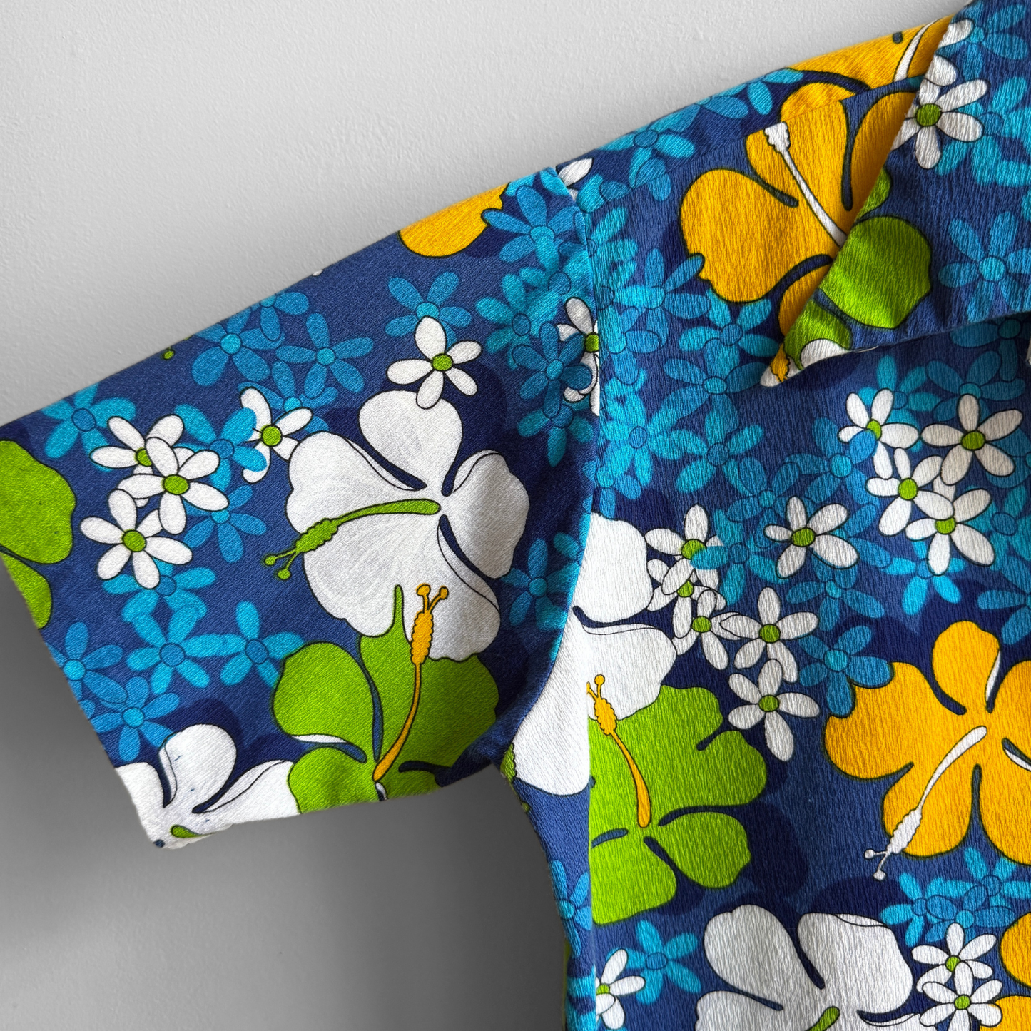 1960s Blue Hibiscus Floral Barkcloth Hawaiian Shirt